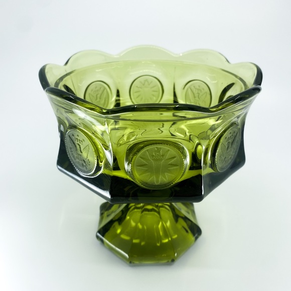 Vintage 1960s Fostoria Green Wedding Compote Bowl Coin Dot Glass - Picture 2 of 10